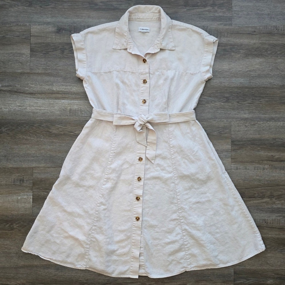 Calvin Klein Pale Pink Dress Women Minimalist Linen Blend 12 Excellent <3